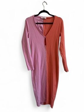 Atoir Saturn Pink & Orange Long Sleeve Cotton Blend V-Neck Midi Length Dress